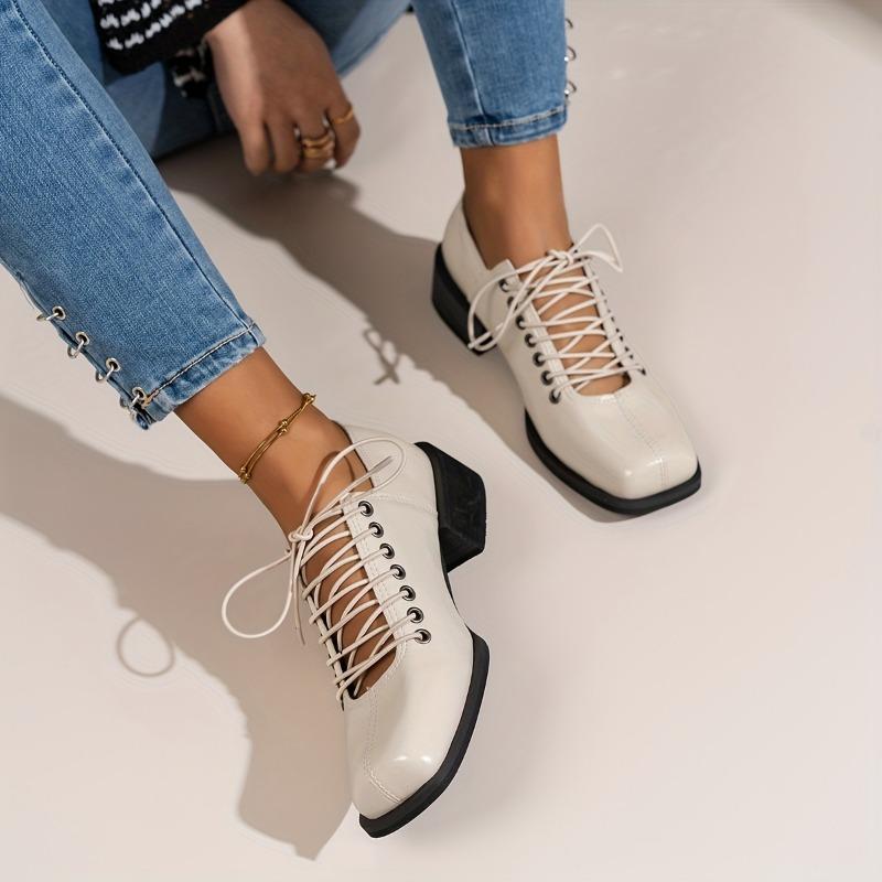 Women'S Fashionable Square Toe Block Heel Ankle Boots - Black, Lace-Up, Mid-Calf, Synthetic, Stylish for All Seasons, Casual To Semi-Formal Wear