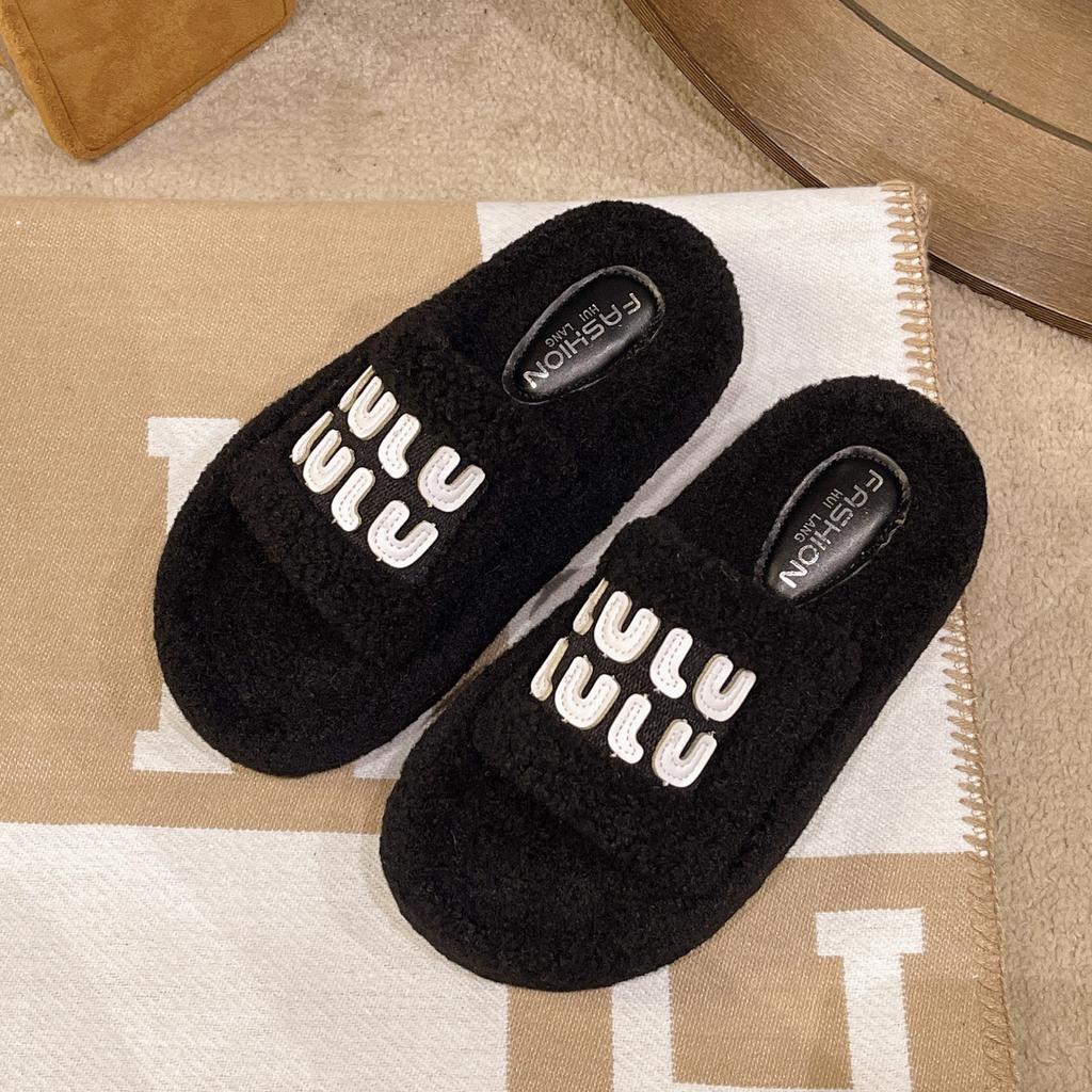 Popular Large Size Solid Color Outer Wear Fluffy Slippers Women's 2024 New Letter One-word Slippers Autumn and Winter Home Cotton Mop