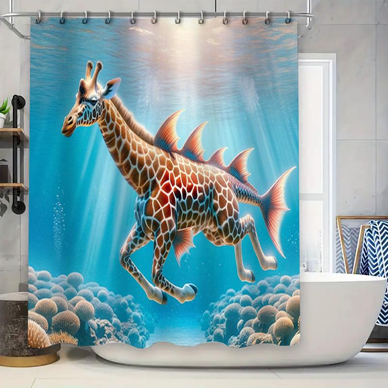 

Подводное приключение животных Шторка для душа Дизайн с жирафом и русалкой Водонепроницаемая ткань Декор для ванной комнаты 90x180cm