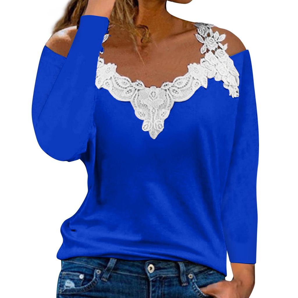 Fashionable Lace V-neck Pullover Long Sleeve Top Color Casual T-shirt