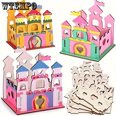 4 Stück Unbemaltes Holzschloss Bastelset, Party Holzhandwerk DIY Mach dein eigenes Holzschloss