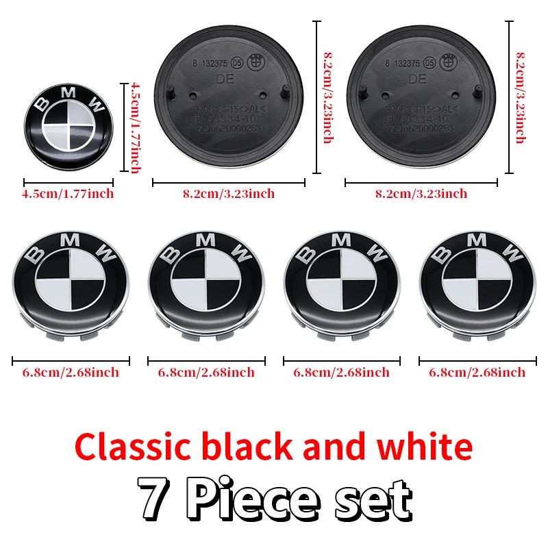 Car Black White BMW Logo Front Hood Emblem 82mm Rear Badge 74mm Wheel Hub Cap 56mm 68mm steering wheel sticker 45mm Accessories WS4