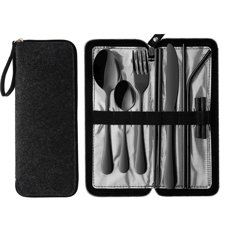 10Pcs Portable Utensils Travel Camping Cutlery Set Stainless Steel Tableware Set Knife Fork Spoon Chopsticks Straw Brush Gift