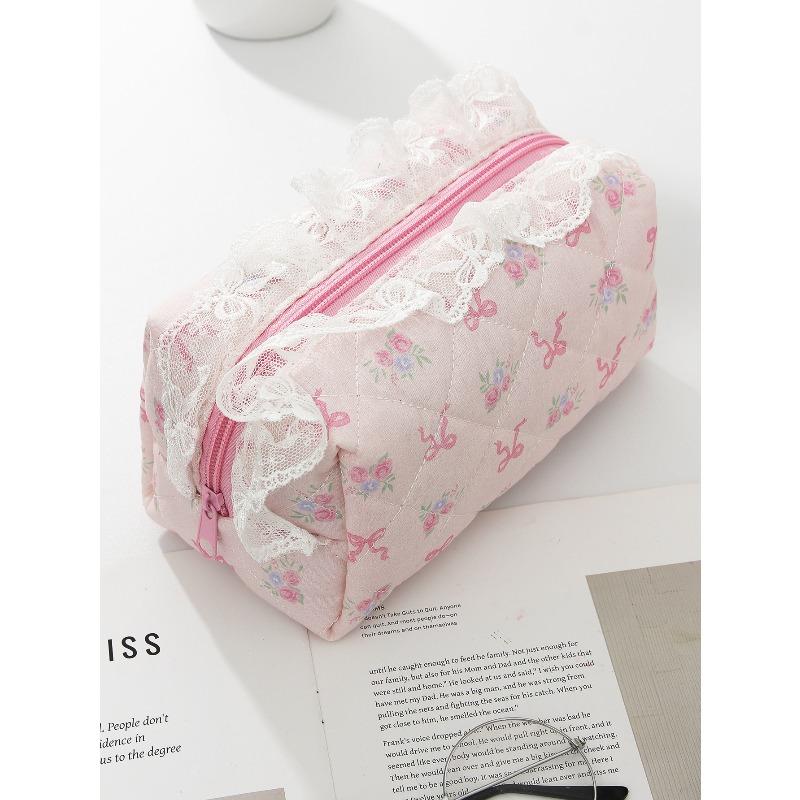 Ruffled Edge Bowknot Floral Print Makeup Bag Large Capacity Quilting Pen Bag Women Cosmetic Storage Bag Travel Wash Bags Clutch