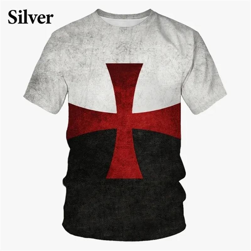 New Knight Templar 3D Printed Men's Fashion T-Shirt, Vintage Cross Pattern, Short Sleeve, Summer Cool Top, Men's Street Style