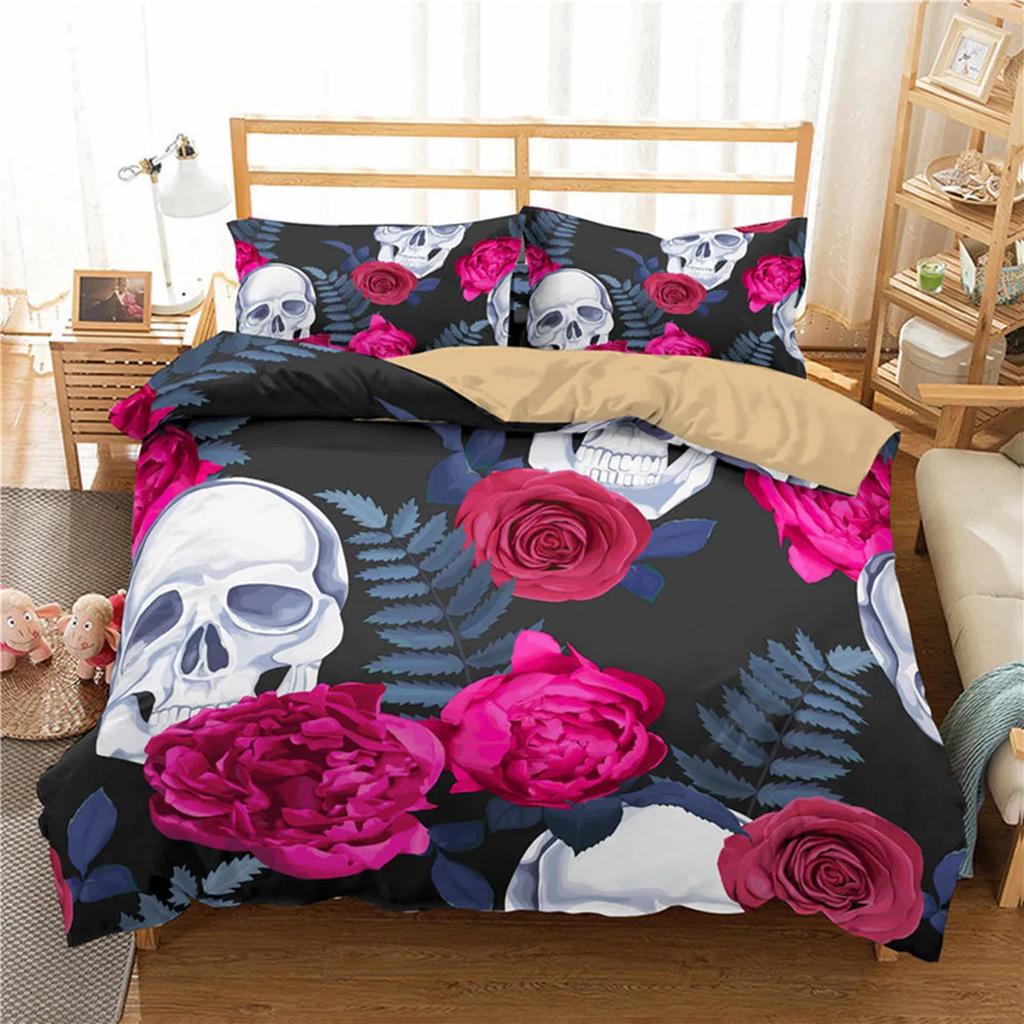 Skull Floral Skull Duvet Cover Full Size Gothic Skull Rose Bones Skeleton For Kids Women Men Red Black For Bedroom Decorations