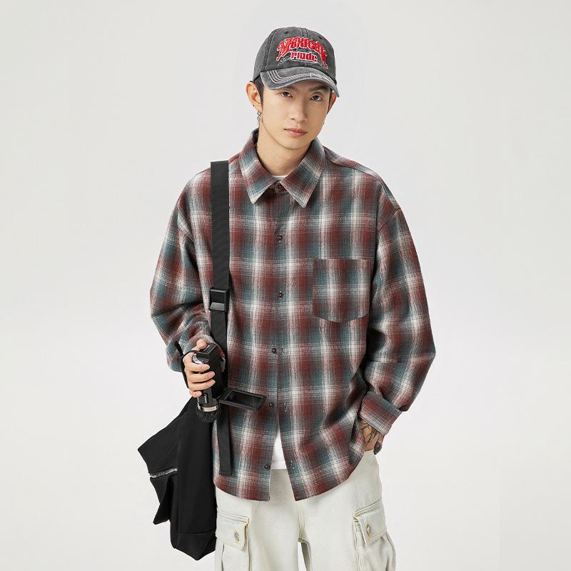 Camicia a Quadri Vintage da Uomo Stile Americano Primavera Autunno Collo a Risvolto Manica Lunga Larga Top