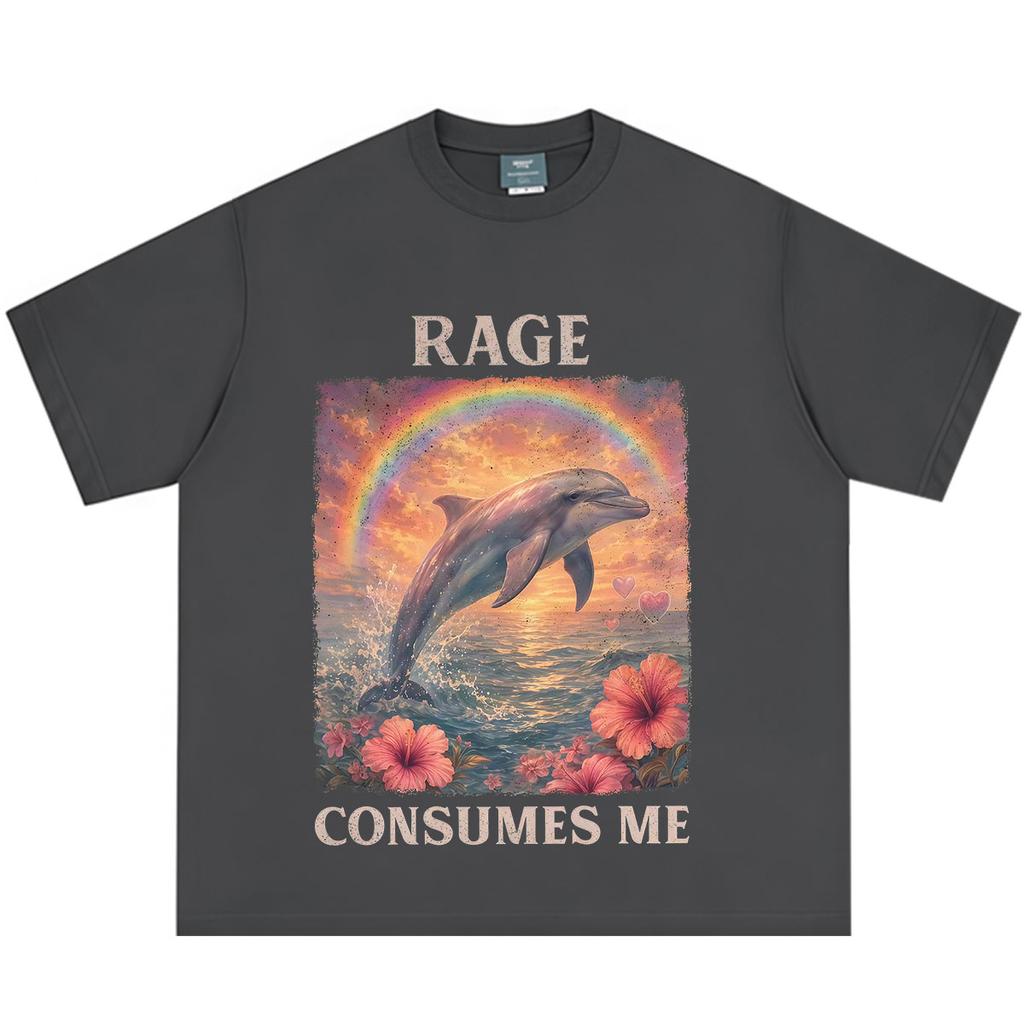 Rage Consumes Me Dolphin Funny Dolphin Meme T Shirt Men Women Hip-hop T-shirts Short-sleeved Casual Vintage Cotton T-shirts