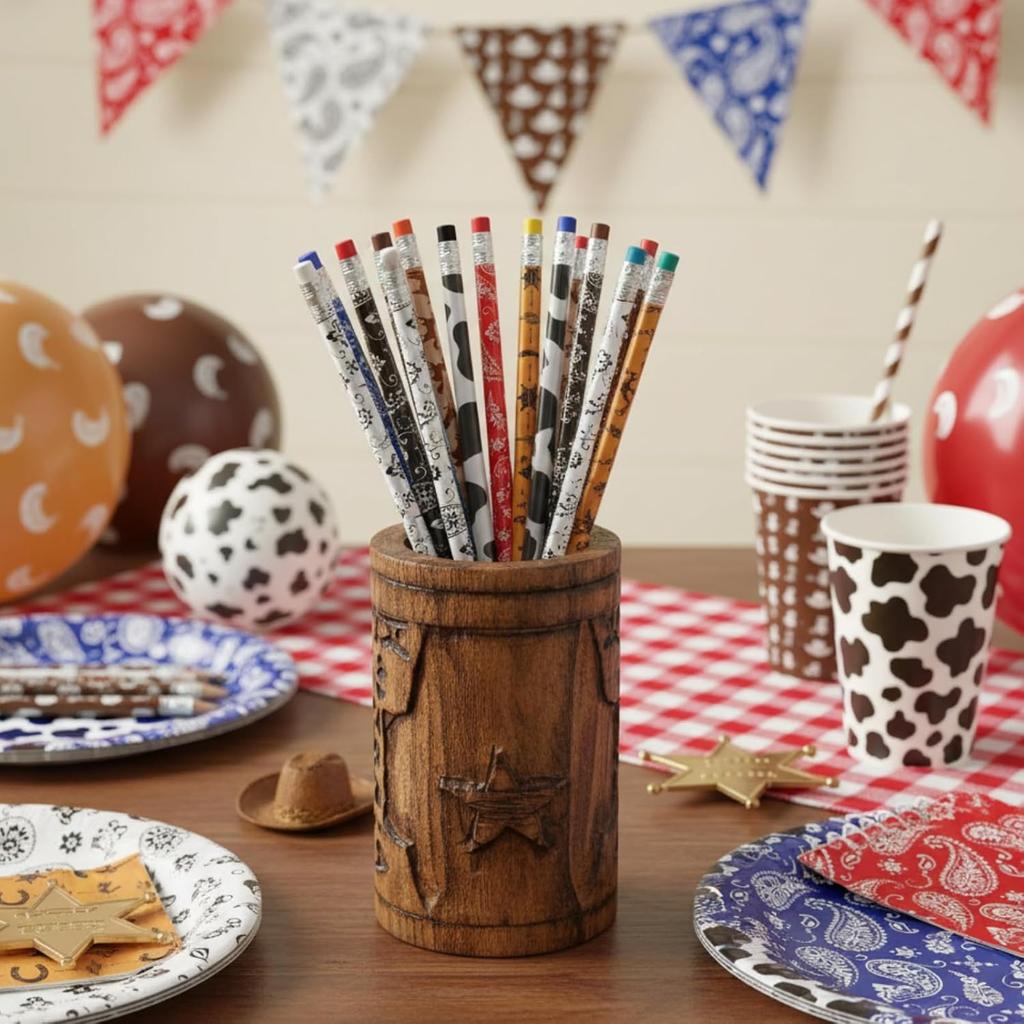 Teling 32 Pcs Western Cowboy Cowgirl Pencils for Kids Fun Cowboy Horse Theme Decorative Wood Pencils with Eraser for Horse Racing Party Favors