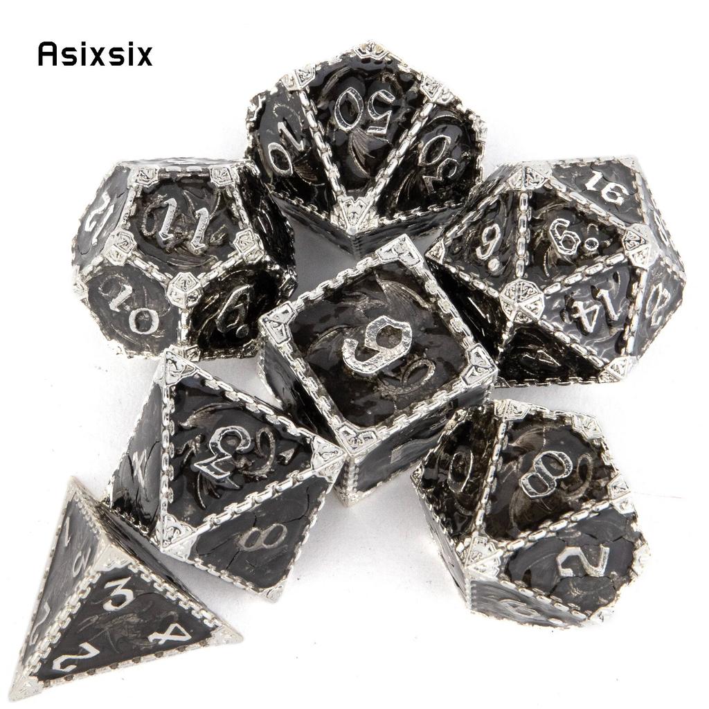 7 Pcs Black White Dragon Metal Dice Solid Metal Polyhedral Dice Set Suitable for Role-Playing RPG  Board Game Card Game