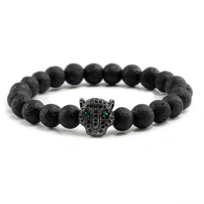Volcanic Stone Beads Bracelet with Leopard Head and Diamond Circle - Trendy Elastic Hand Ornament