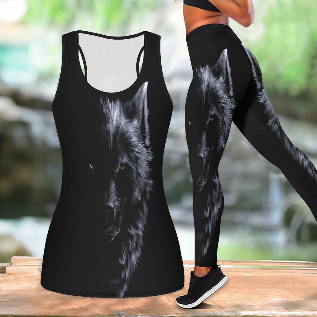 Wild Wolf Pattern Print Yoga Outfit for Women Fashion Workout Leggings Fitness Sports Casual Yoga Set Sports Suit