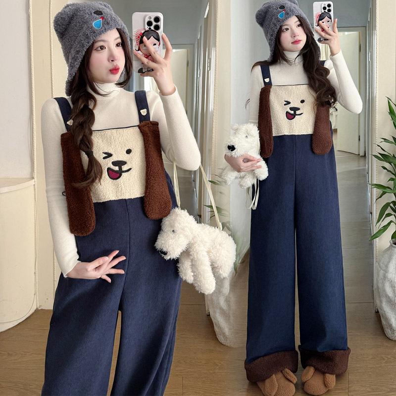 2025 High-Quality Cartoon Knit Base Layer Plus Velvet Overalls Set for Pregnant Women L