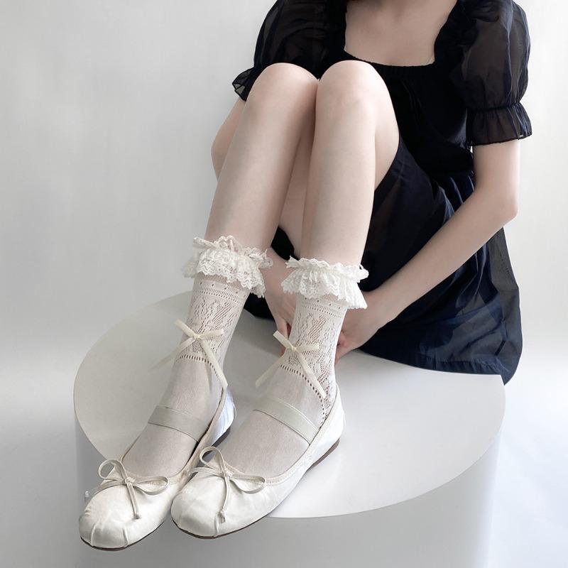 Female Spring and Summer Thin Sweet Ballet Style Bow Lace Lace In The Tube Pile Socks