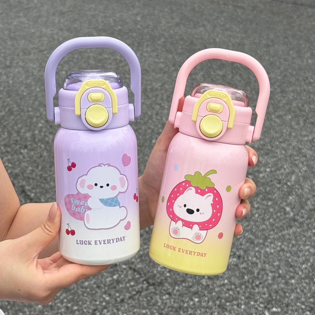 1pc Cartoon Insulated Water Bottle 500ml Dual Drink Thermos with Sleeve Carry Handle Portable Sports Thermal Cup 1