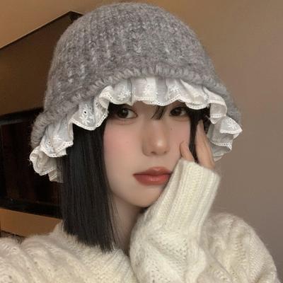Lace Lace Knitted Hat Female Warm Sweet Versatile Face Small Wool Bucket Hat
