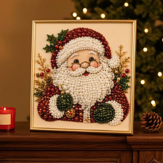 Sparkling 3D Painting Canvas DIY Christmas Faux Pearl Art Kit with Frame, Santa Winter Holiday Theme Craft Supplies Beads for Adults Beginner,