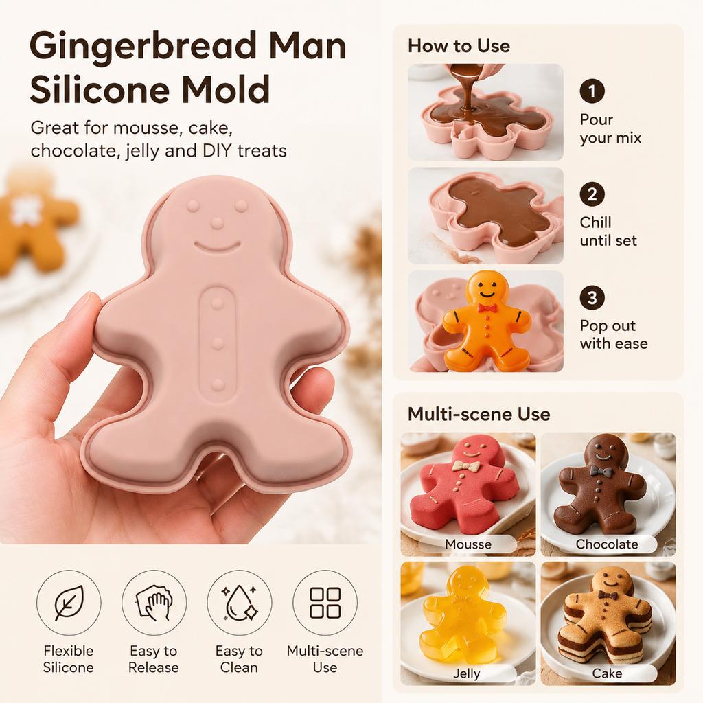 Gingerbread Silicone Mold Pink Reusable Cake Mousse Baking Form for Christmas DIY Desserts and Frozen Treats