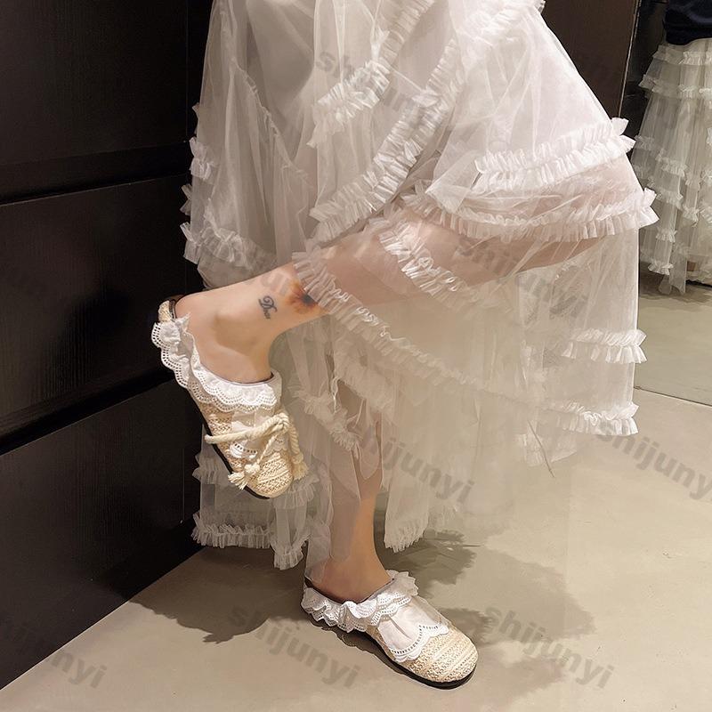 Fashion Women Casual Flats 2025 Summer New Lace Weave Breathable Straw Slippers Outdoor Fashion Bow-knot Comfortable Non Slip Half Drag