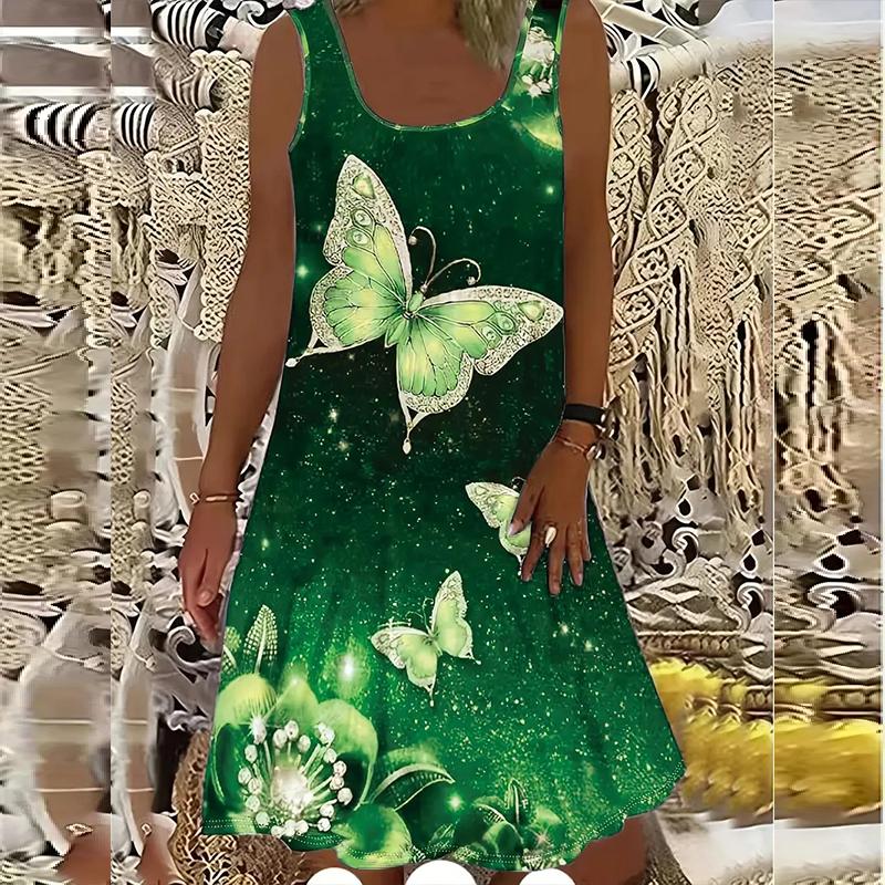 

Женское платье без рукавов с круглым вырезом и принтом бабочек, свободное, мягкое и удобное, большого размера 6XL зелёный