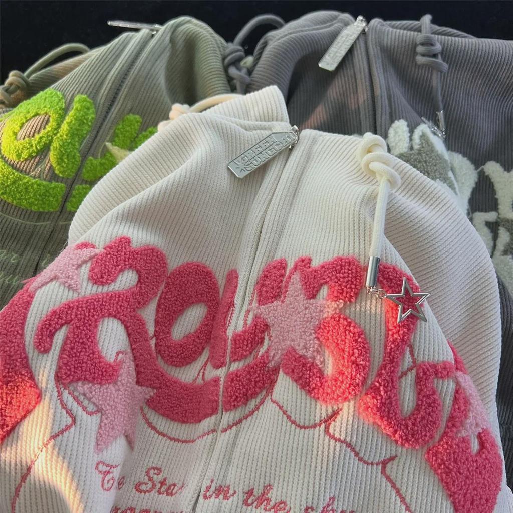 Women's Vintage Star Corduroy Hooded Cardigan - Loose Fit, Trendy Street Style for Spring and Autumn