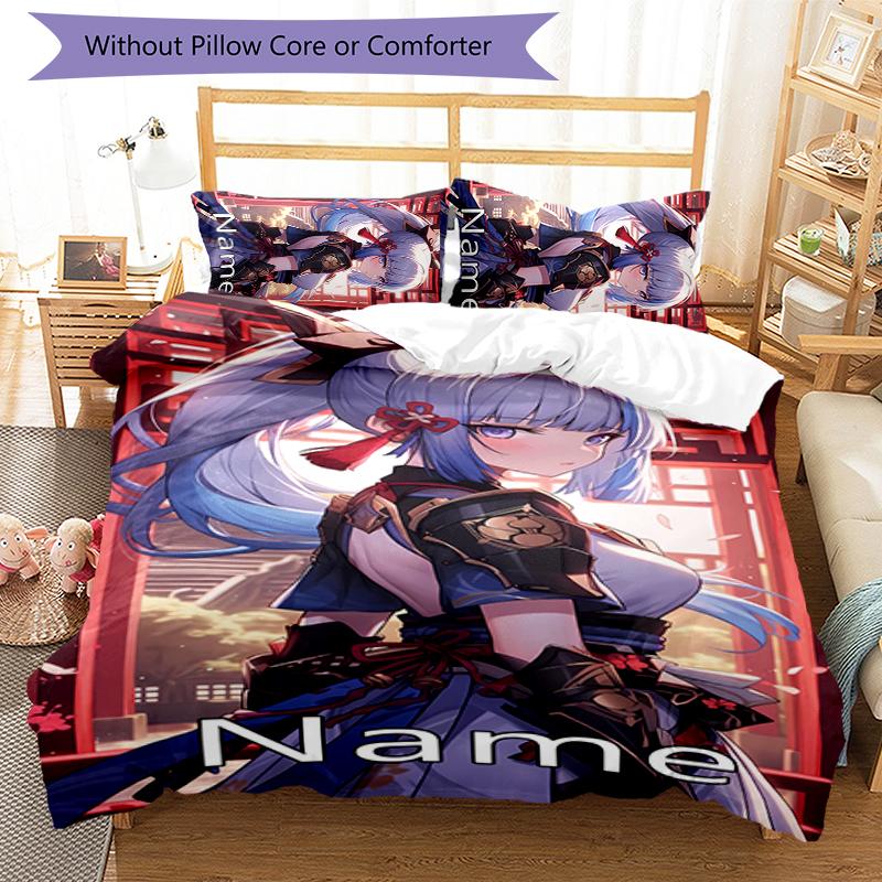 3pcs Custom Name Cartoon Genshin Impact Ayaka Kamisato Bedding Set Duvet Cover Closure Includes 1 Duvet Cover & 2 Pillowcases for All Seasons Bedroom