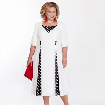 Women Dress Dot Print Patchwork Contrast Color Plus Size Round Neck A-line Loose Hem Button Decor Half Sleeve Formal Commute Spring Midi Dress