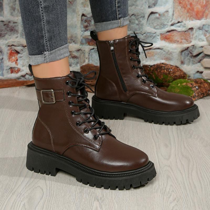 2026 Women's Boots PU Leather Casual Boots Fashion Ankle Boots Women Lace-Up Platform Boot Side Zipper Botines Para Mujeres