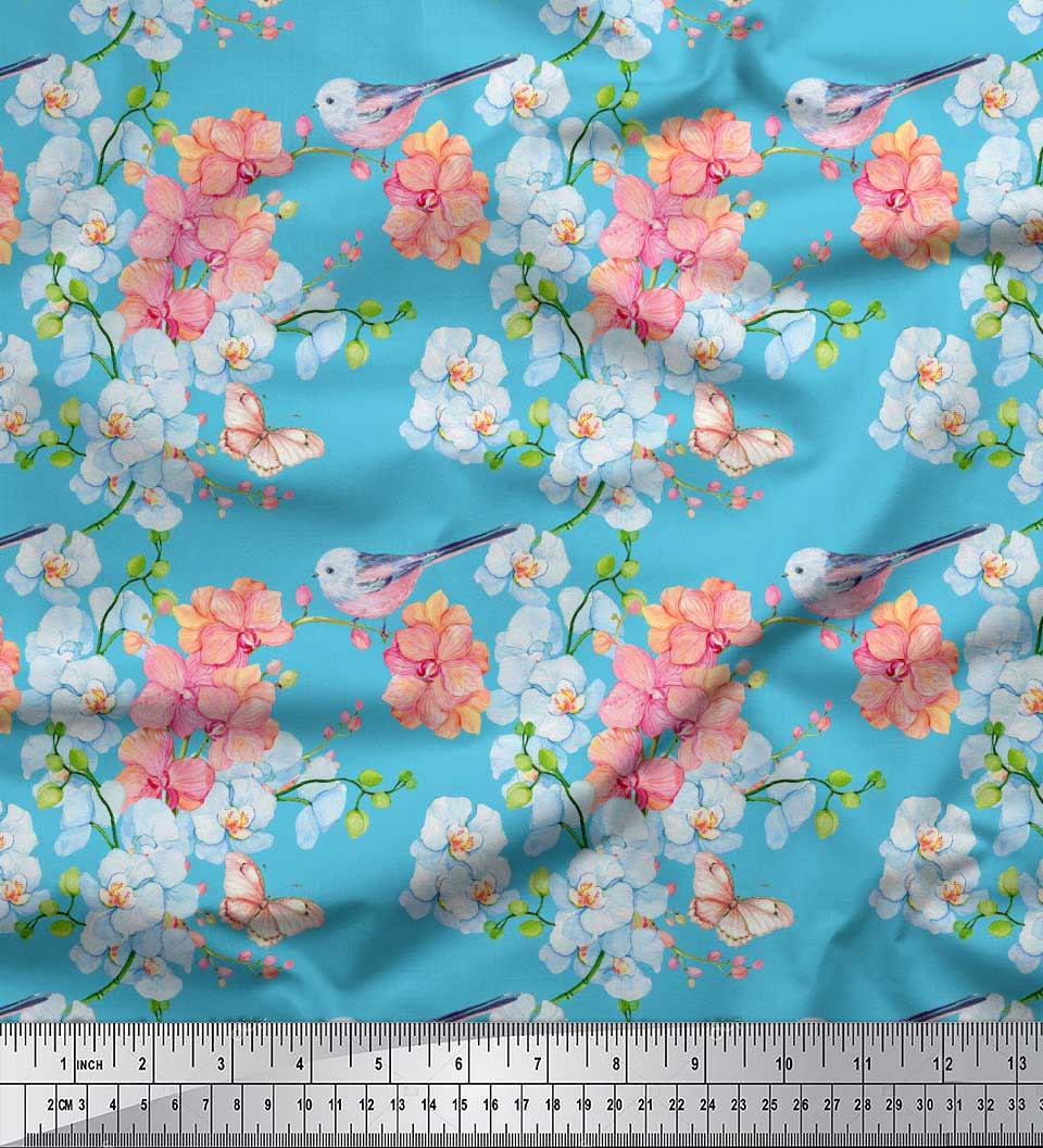 

Японська креп-сатин Soimoi Purple Тканина з квітковим принтом з птахами, листям і олеандром на метр 42 дюйма 42 Inch Wide - Poly Crepe синій