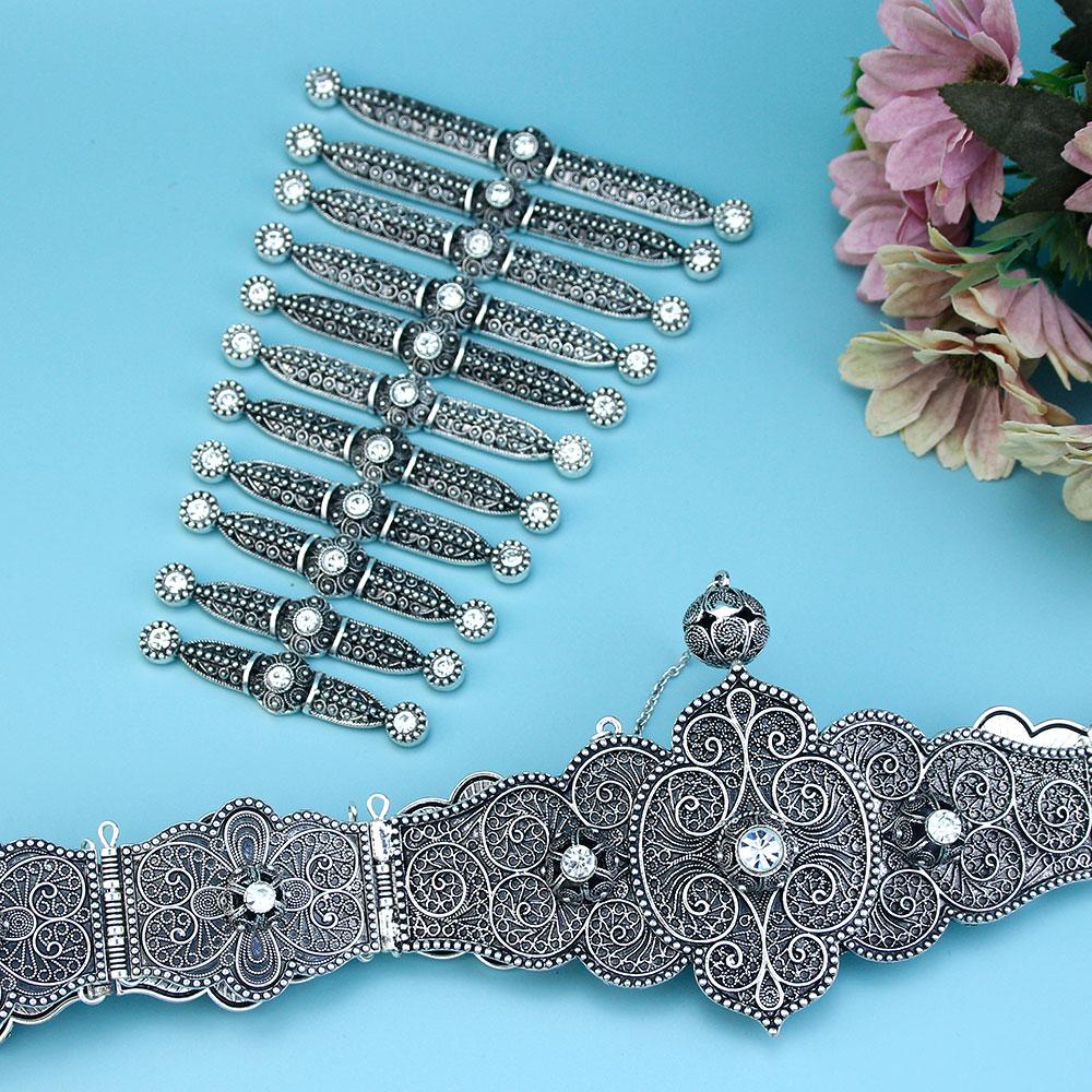 Slavic Caucasus Bride Jewelry Set For Women Crystal Dress Belt Breastplate Set Antique Silver Color Turks Belt