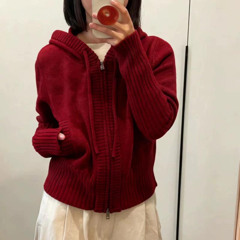 Women's Long Hooded Pure Wool Knit Cardigan with Double Zipper and Pockets