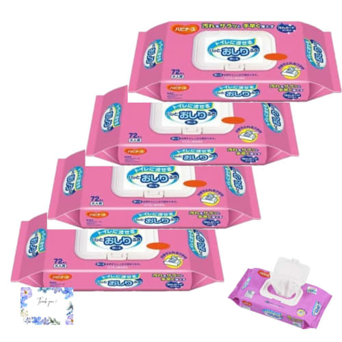 Bulk Purchase: Habinurse Flushable Baby Wipes x 4 Packs for Care, Adults, and Seniors (72 Sheets x 4)