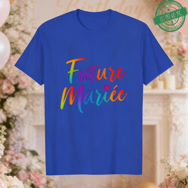 French Women Future Bride Team T-Shirts Colorful Heart Print Short Sleeve Tees for Bachelorette EVJF Party Bridal Wedding Squad
