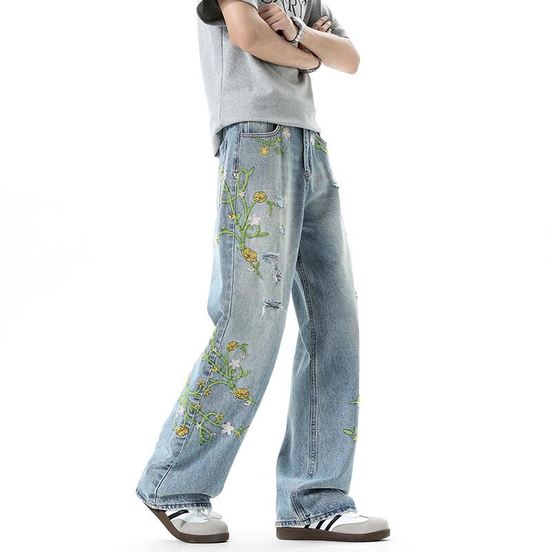 New men's jeans American high street trendy brand embroidered ripped trousers narrow straight mopping trousers