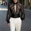 INCERUN Men Long Sleeve Cutout Mesh Sheer Lace Casual Ruffled Tops T-shirts