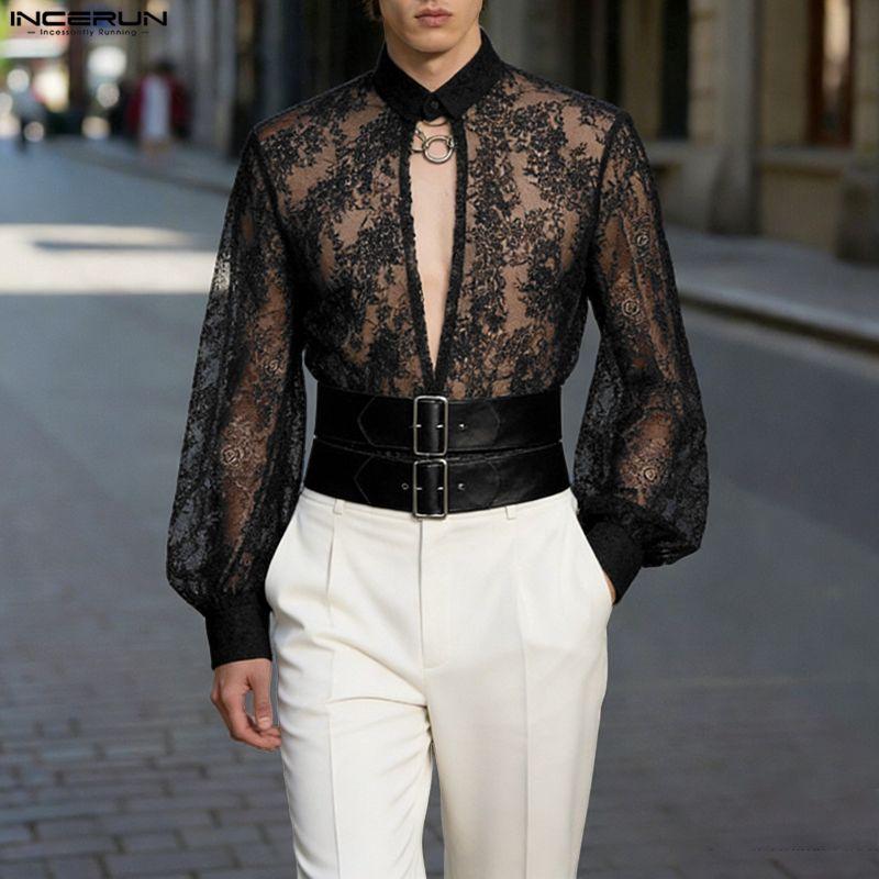 INCERUN Men Long Sleeve Cutout Mesh Sheer Lace Casual Ruffled Tops T-shirts