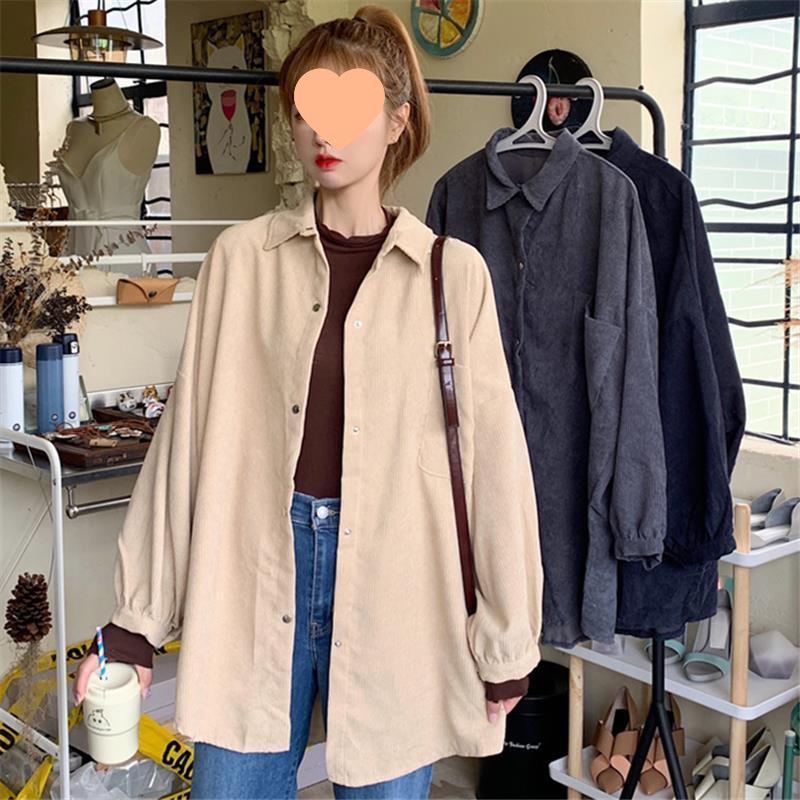 Women's Retro Korean-Style Corduroy Shirt - Long Sleeve, Loose Fit, Hong Kong Chic