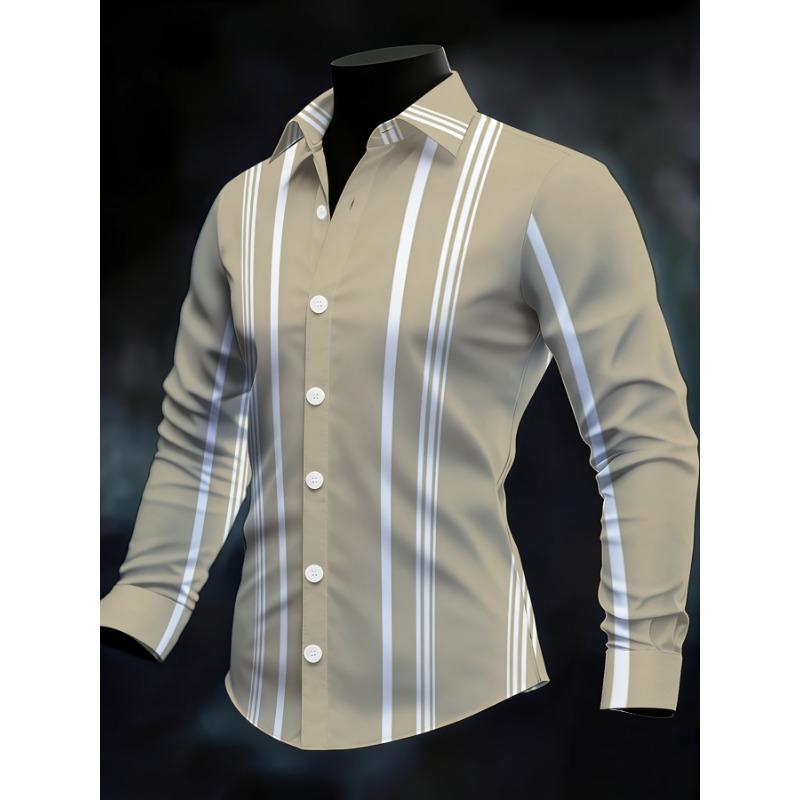 Men's Striped Color-Block Long Sleeve Shirt, Business Casual Slim Fit, Authentic Fashion Menswear