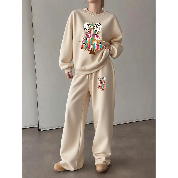 Women's 2-Piece Set: Printed Crewneck Sweatshirt and Drawstring Straight Pants, Autumn/Winter Loungewear