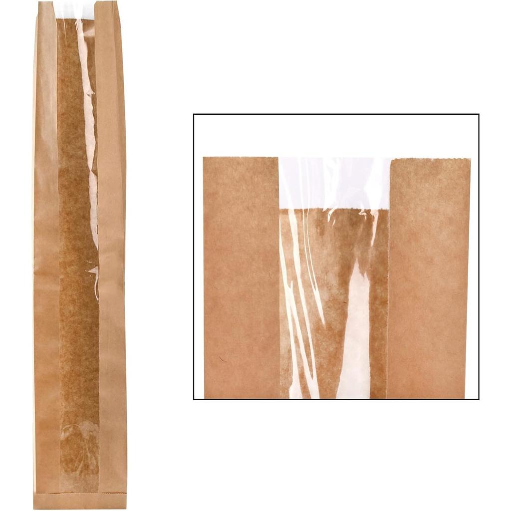 100 Pack Baguette Kraft Bags with Clear Front Window and 100 Seal Stickers, Fresh Breads Loaf Packing Bags, 23"x4"x1.6" Long Bread Kraft Paper