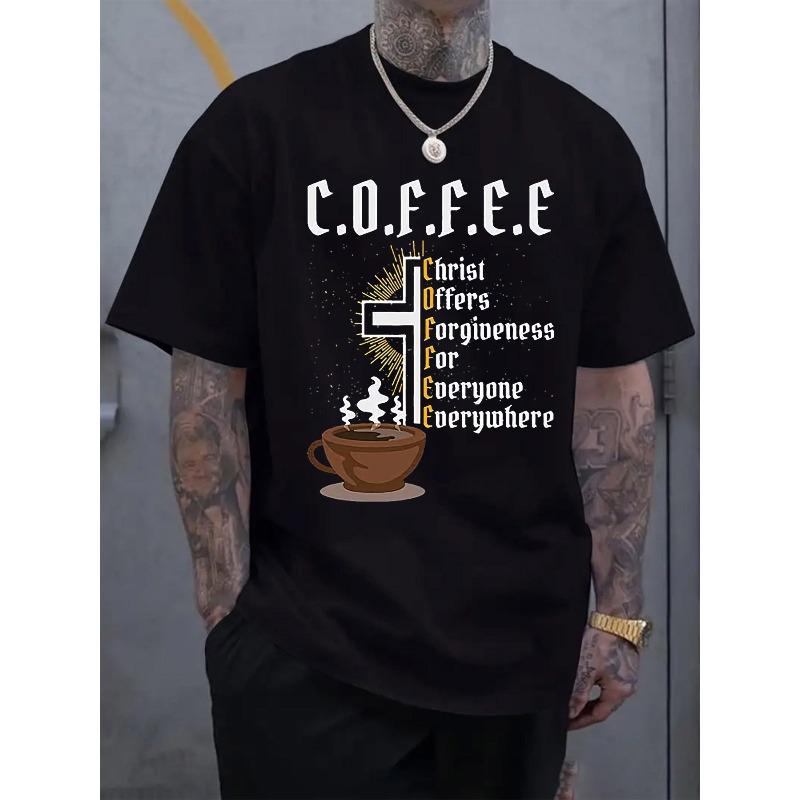 Men'S Top Featuring a Coffee-Themed Graphic, Casual Short-Sleeve Round-Neck T-Shirt, Suitable for Summer And Spring, Outdoor Wear