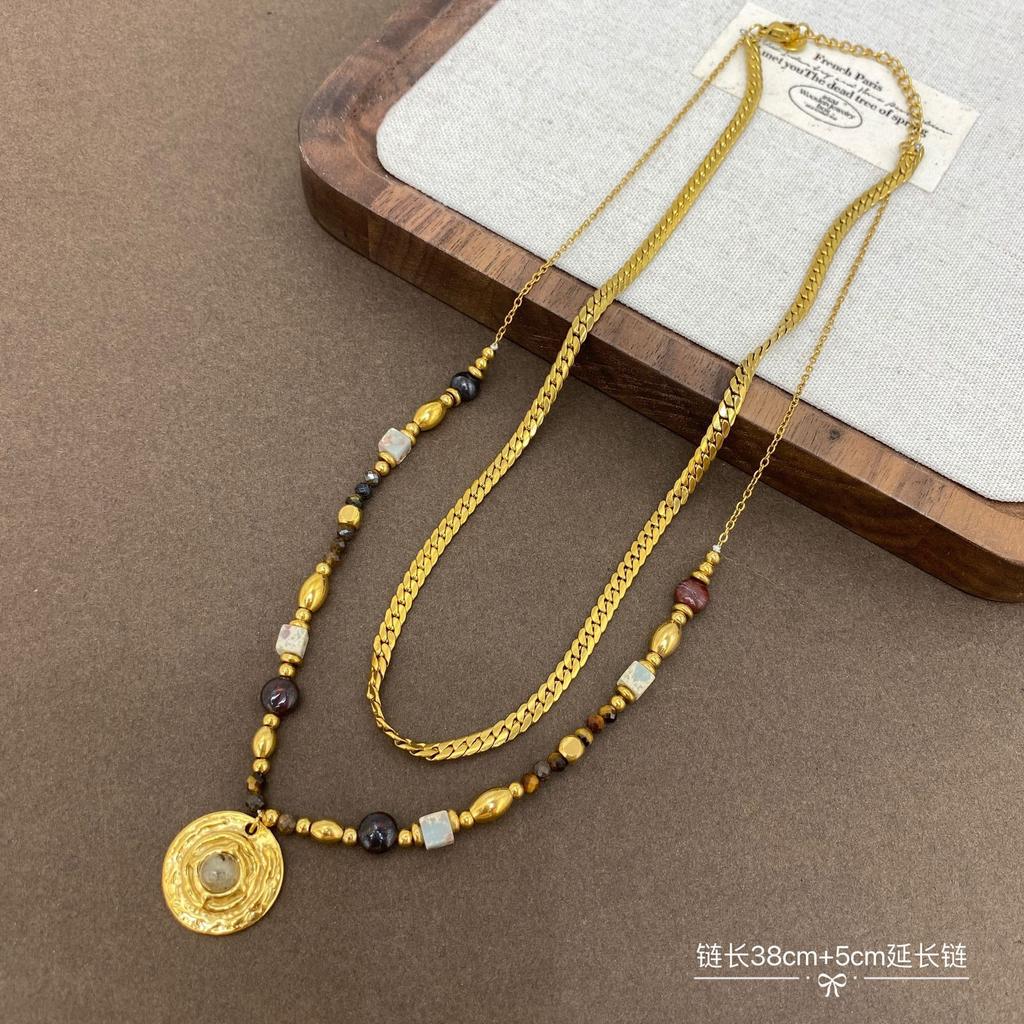 Medieval tiger's eye stone shell splicing beaded necklace retro light luxury disc pendant collarbone chain sweater chain