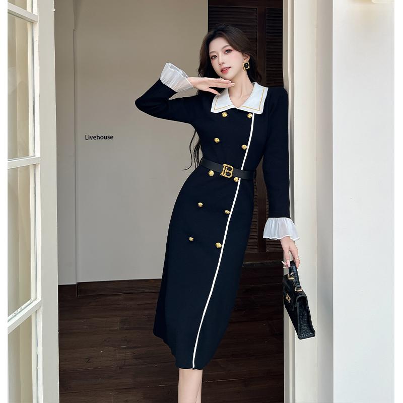 Office Lady Fall Winter Women Knitting Dress Turn-Down Collar Contrast Color Knitted Dress Flare Sleeve Elegant Fashion Warm Sweater Dress With Belt