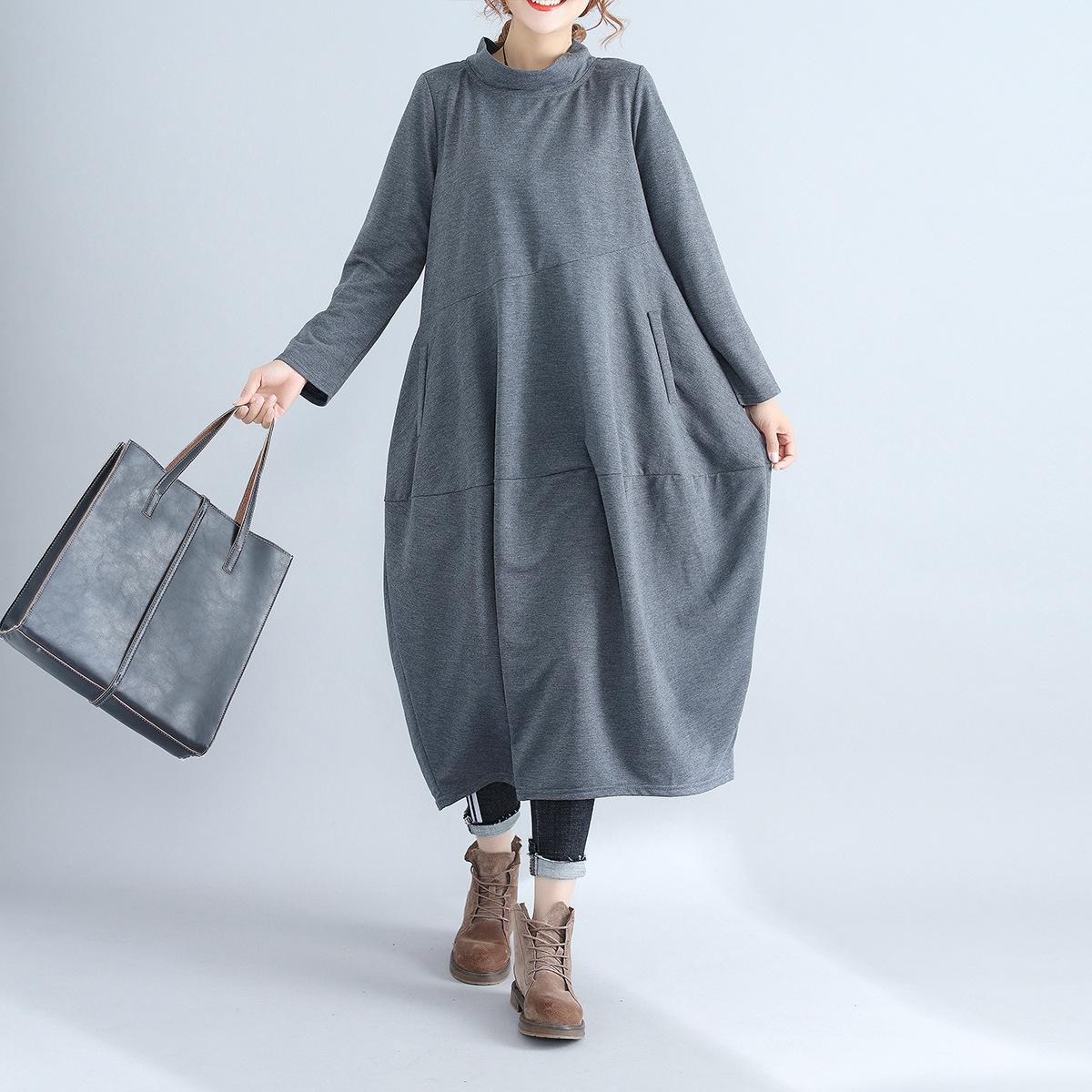 

Retro solid color lantern skirt, high neck style long dress, cotton and linen sewn long sleeve dress XXL сірий колір