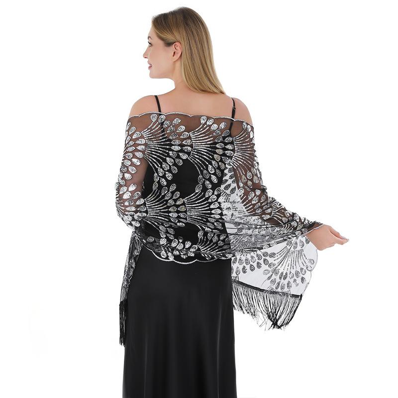 

60*190 см блестящий шарф с кисточками для вечернего платья, женские блестящие прозрачные сетчатые шали с пайетками 60*190cm серебряный/чёрный