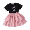 Dziewczęcy zestaw modowy na wiosnę i lato, dziecięcy, swobodny, z kokardą, z krótkim rękawem i różową bufiastą spódniczką, dwuczęściowy zestaw