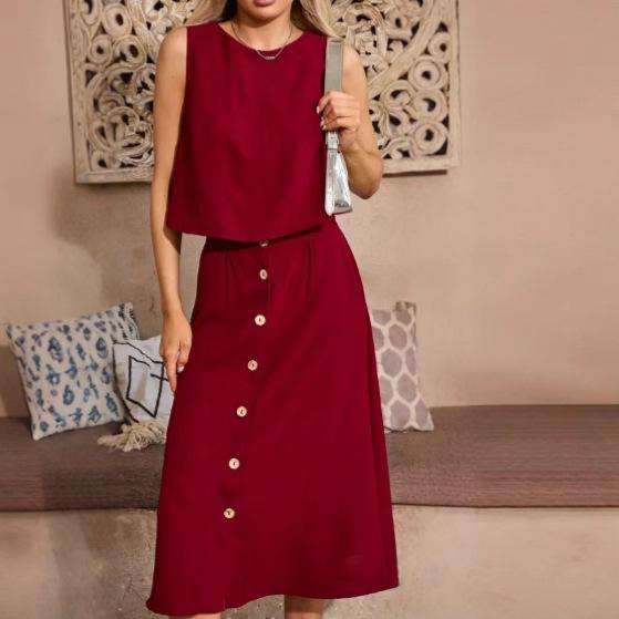 Women's Sleeveless Crop Top and Button Front Midi Skirt Set In 6 Colors