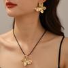 European and American jewelry, curled five-leaf stamen leather chain set, necklace, small fresh earrings chain, lava collarbone chain.