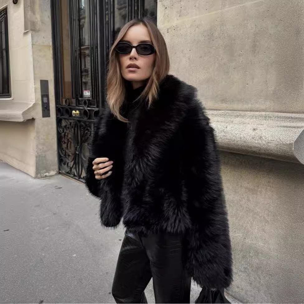 Women's Stand Collar Long Sleeve Faux Fox Fur Coat Loose Elegant Short Winter Outerwear