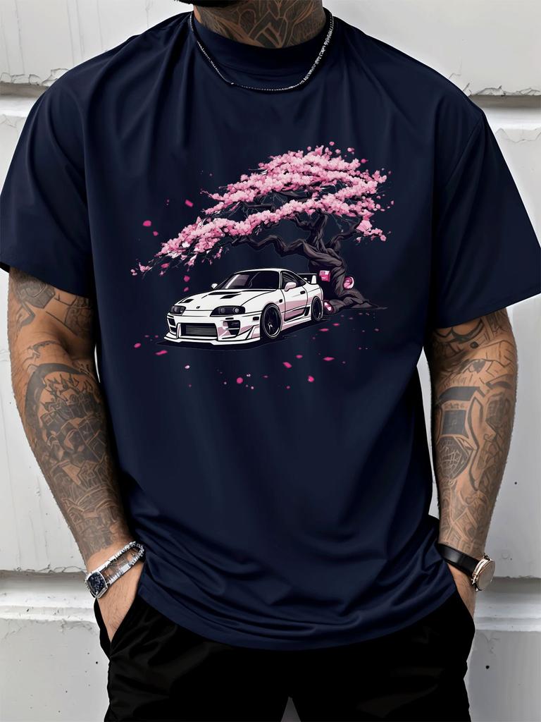 Unisex Summer White T Shirt Japanese Cherry Blossom JDM Car Graphic Tee Casual Streetwear Crew Neck Loose Fashion Daily Tops